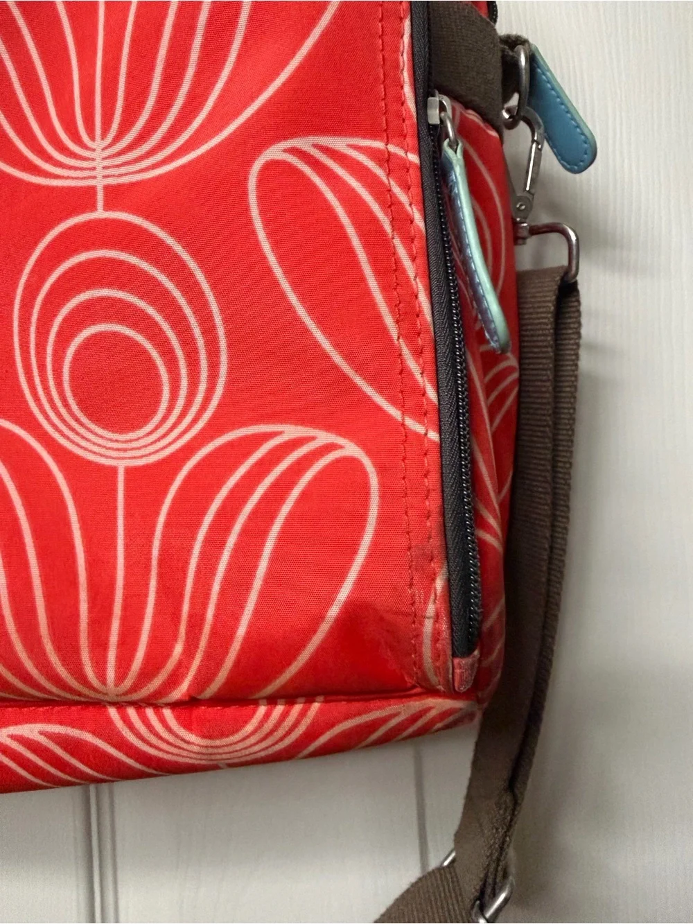 Red Orange Floral Tote Bag with Brown Straps - Orla Kiely Style